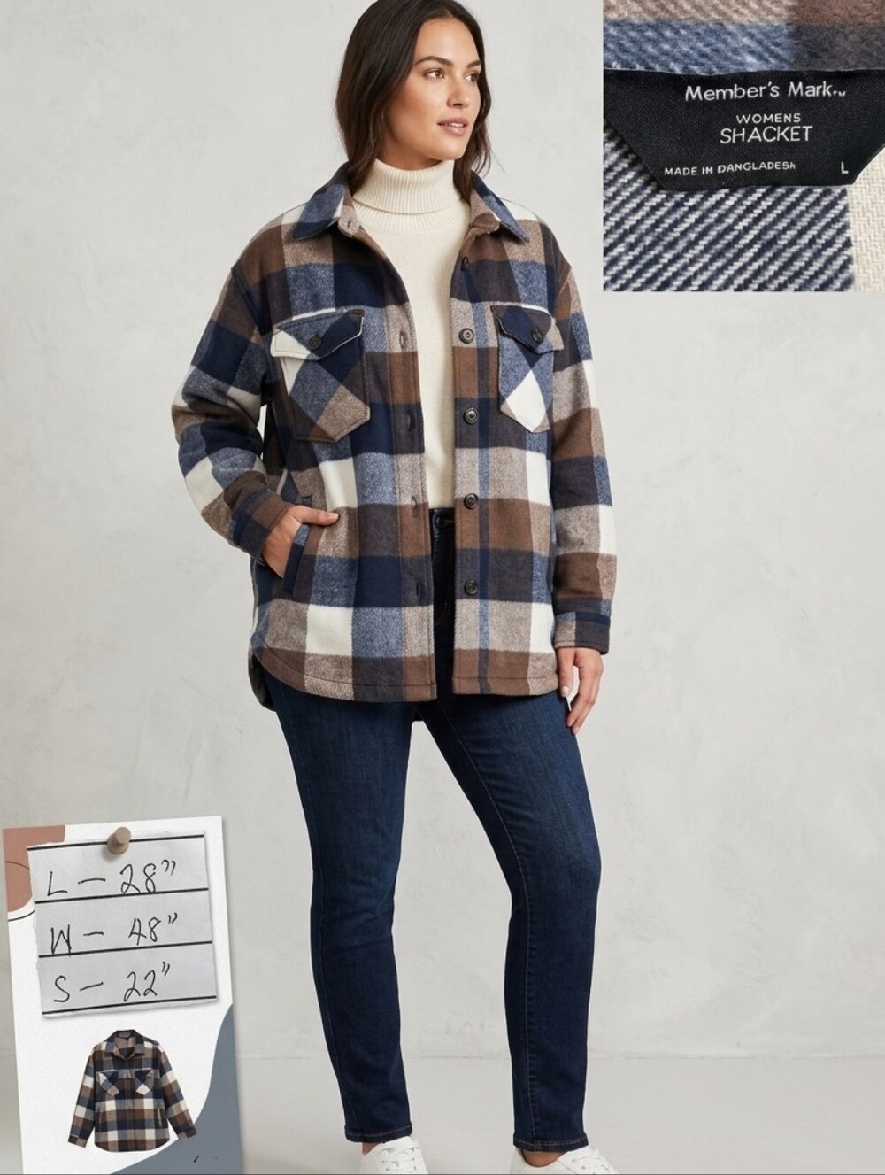 Member's Mark Women's Plaid Utility Shacket - Navy, Brown & Cream • Size L
